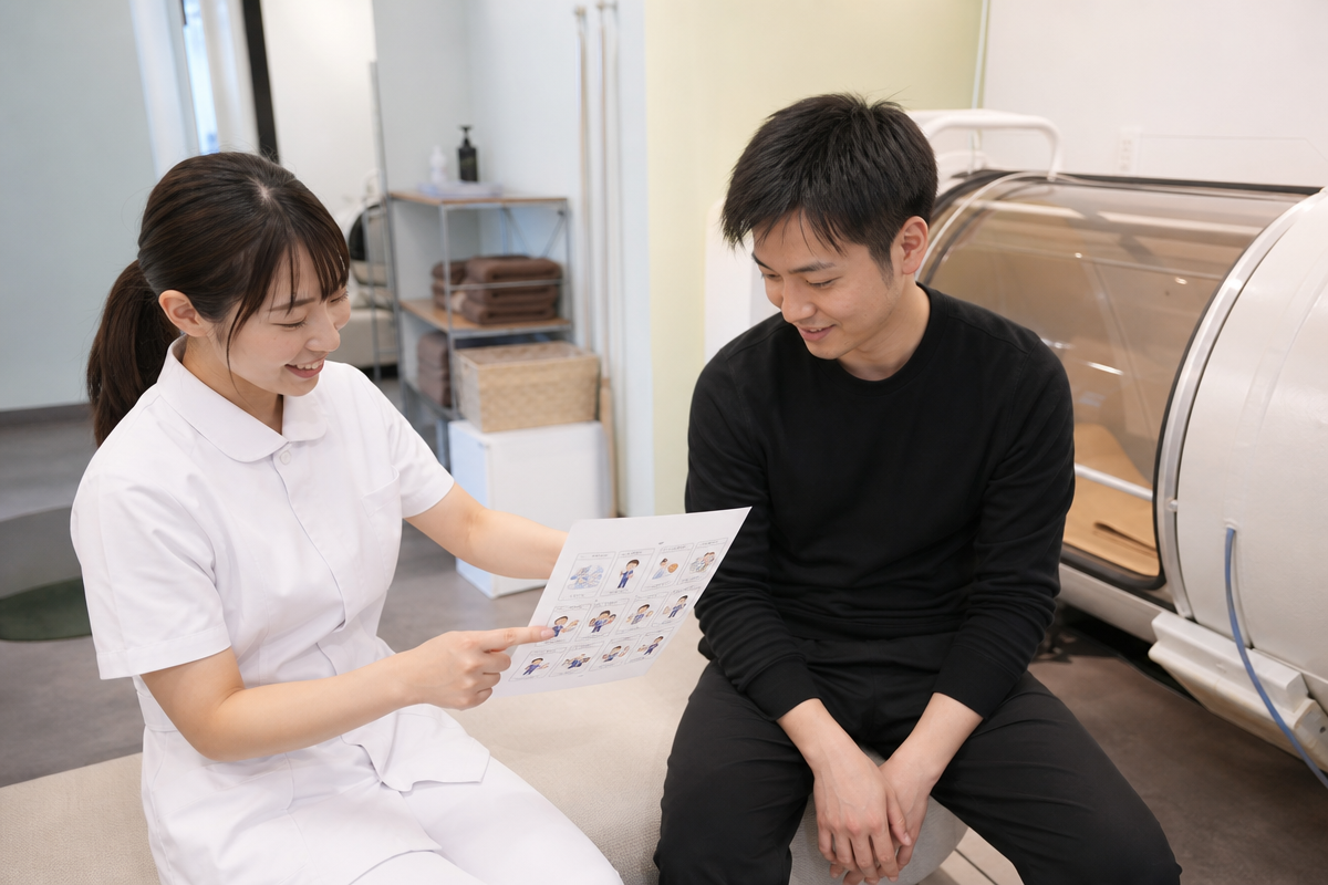 高田馬場の酸素カプセル施設で、日本人スタッフが利用者に安全チェックリストを説明している様子。  