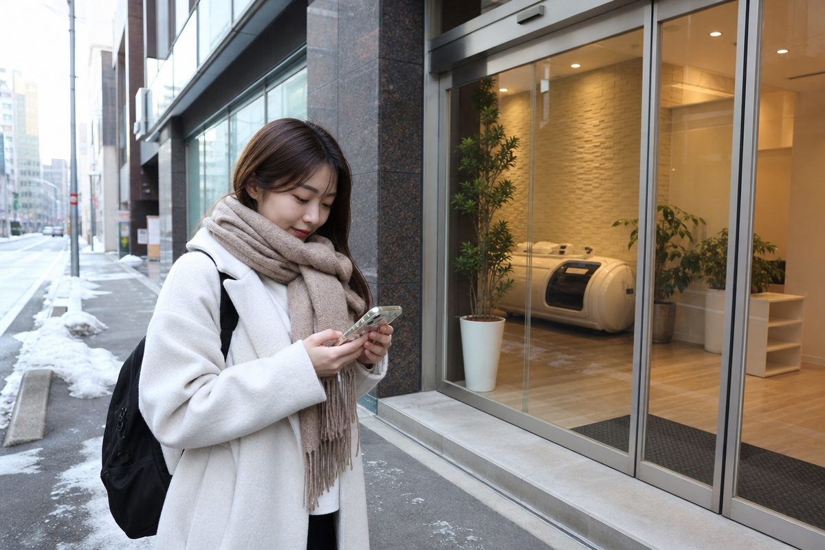 札幌市街のウェルネス施設前でスマートフォン地図を確認する日本人女性が酸素カプセル 札幌の店舗を探している様子