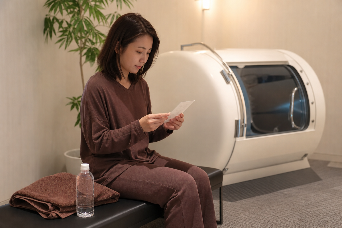 酸素カプセル効果的な入り方を意識し、ゆったりした服装で水分とタオルを準備する日本人女性の様子。  