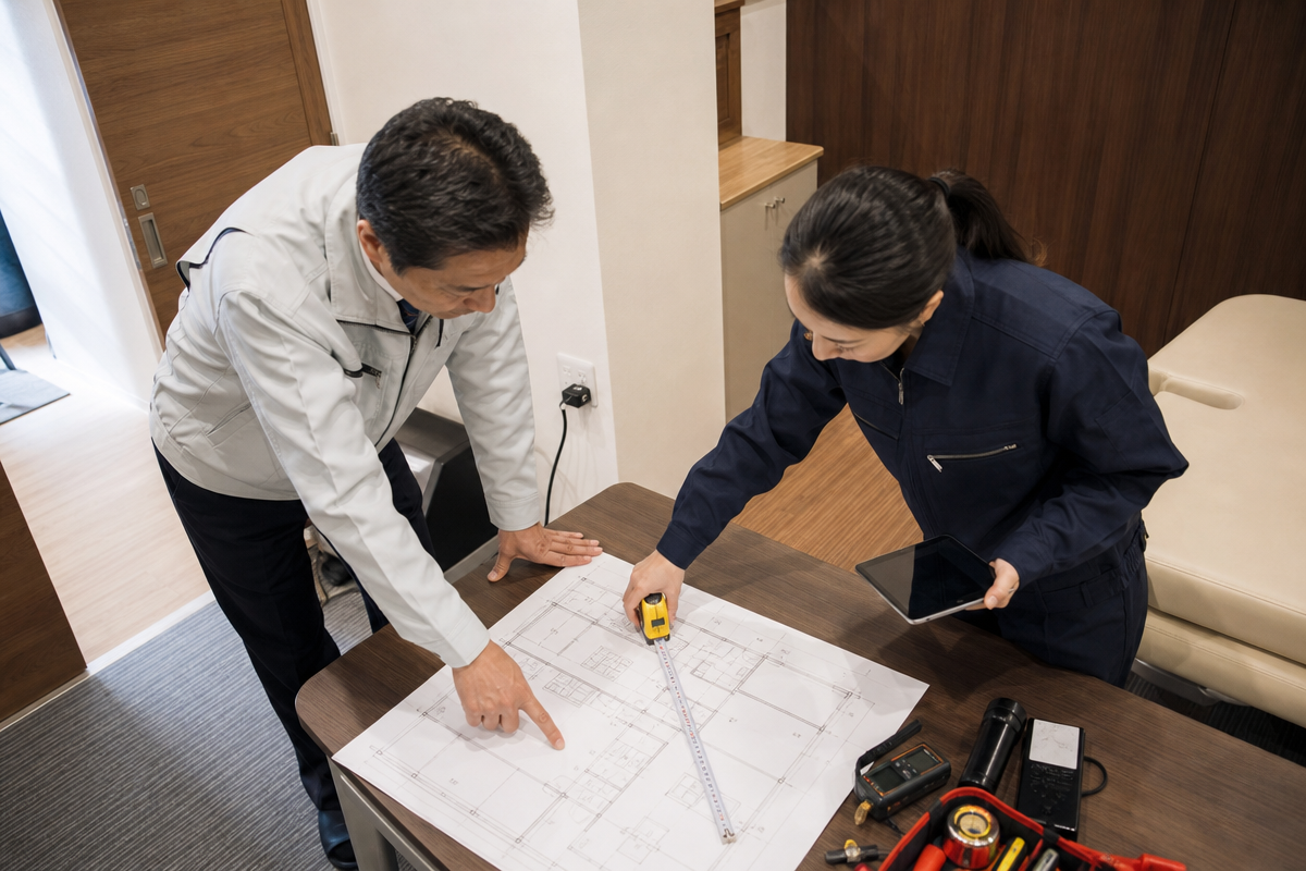 日本人スタッフが酸素カプセル設置のために図面と電源位置を確認している様子を示す画像  