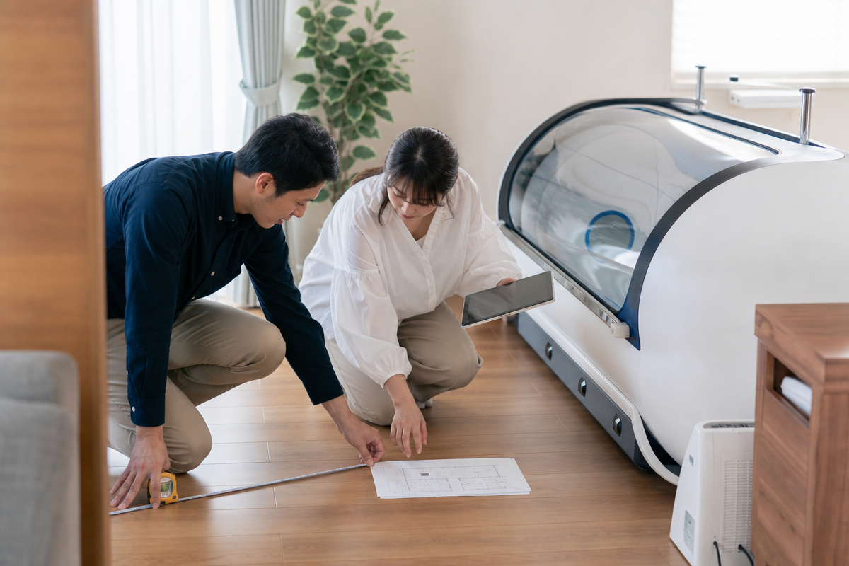 日本人夫婦が家庭用酸素カプセルを設置するために部屋の寸法を計測し、床耐荷重と搬入経路を確認している様子