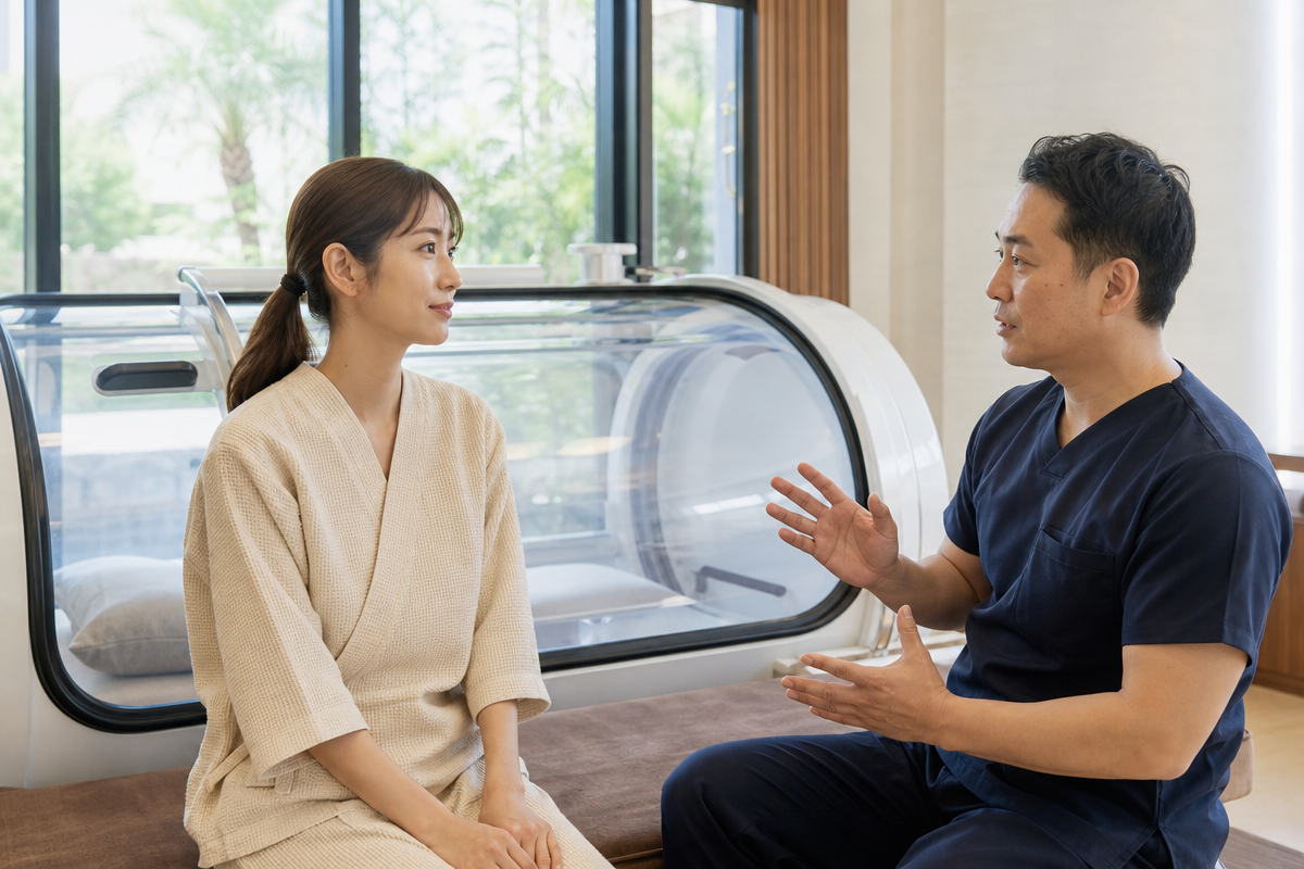 沖縄のクリニックで日本人女性が酸素カプセル利用前に医師から副作用やリスク管理の説明を受けている様子