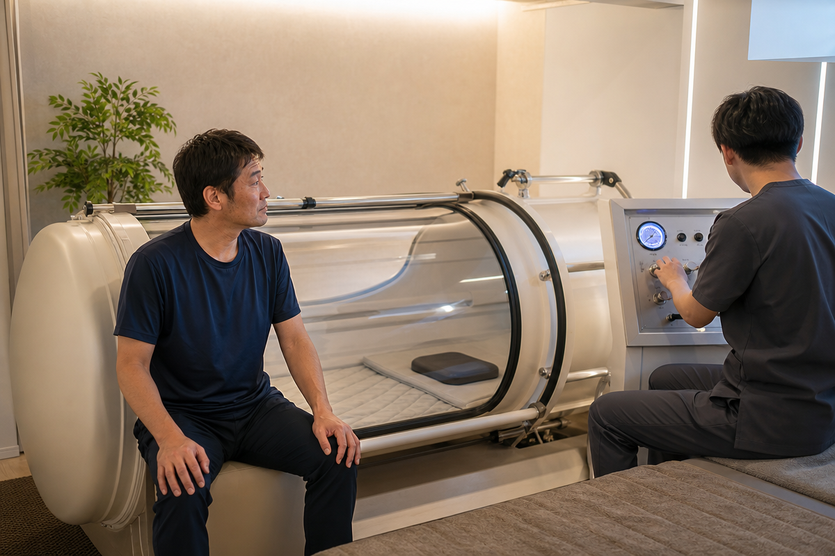 日本人男性が酸素カプセル 気圧の調整を見守りながら、安全性を確認している様子