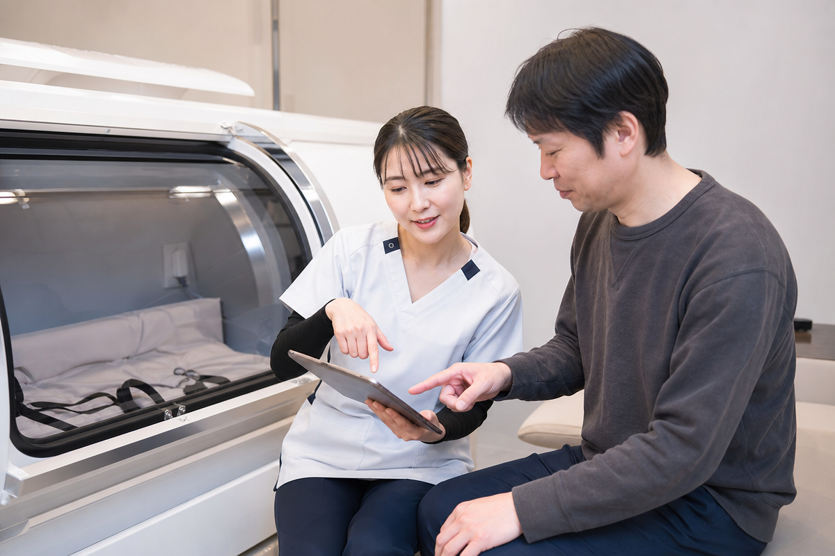 日本人医師が骨折後の酸素カプセル効果と禁忌条件を説明し患者が理解する様子  