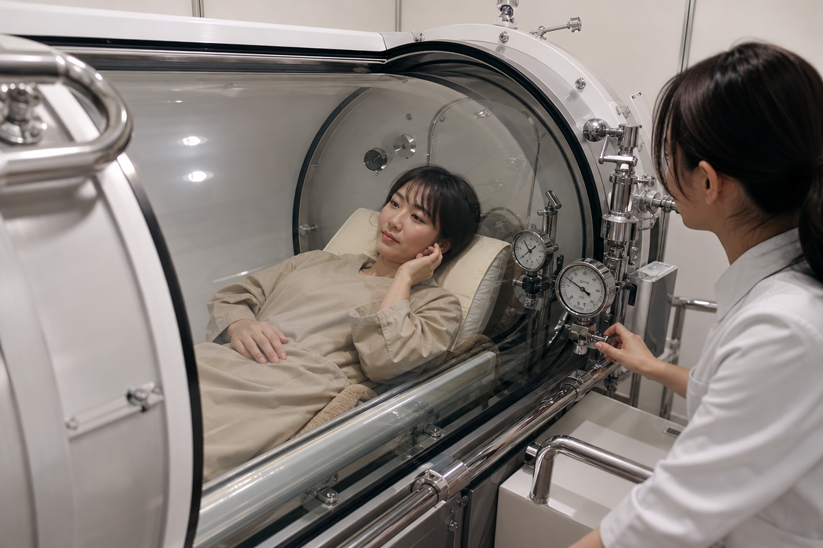高圧酸素カプセル内で耳の圧迫感を感じる日本人女性と安全確認を行うスタッフの様子