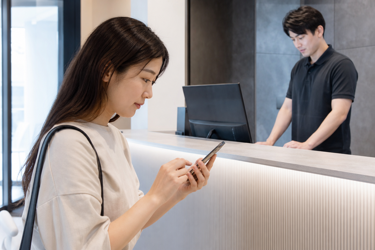 高田馬場の酸素カプセル施設で日本人女性がスマートフォンで予約方法を確認し、受付カウンターに男性スタッフが対応している様子  