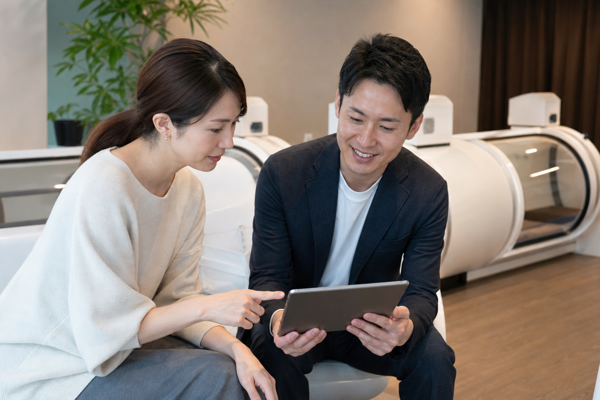 東京の酸素カプセル施設で日本人男女がタブレットで料金相場とプランを比較している様子