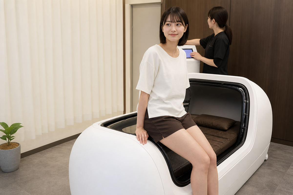 上野の酸素カプセルサロンで日本人女性がスタッフと料金や予約を確認しながら利用準備をしている様子  