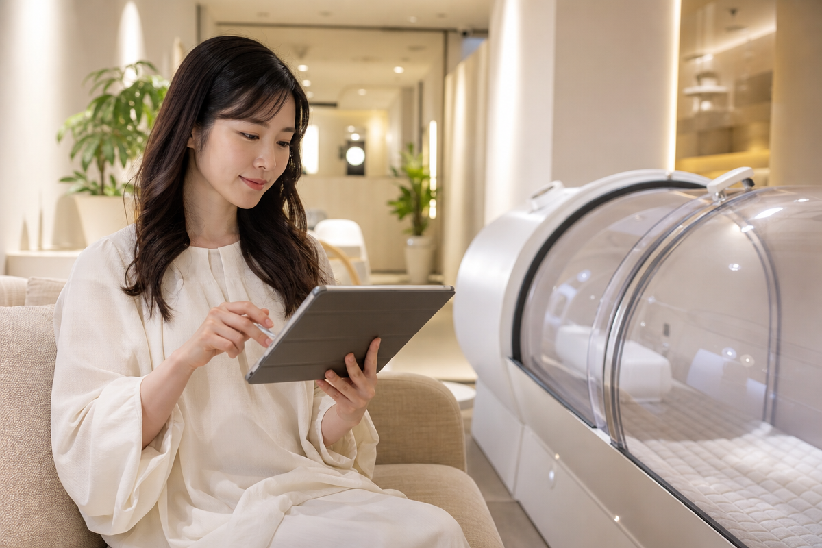 梅田の酸素カプセルサロンで日本人女性がタブレットを使い料金相場と予約方法を比較している様子