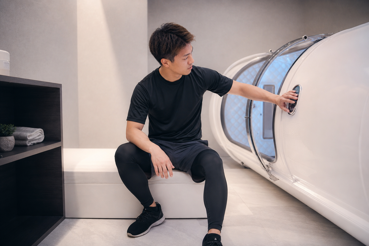 新潟の酸素カプセルルームで日本人男性が利用準備をする様子。疲労回復や利用頻度の目安を示す雰囲気。