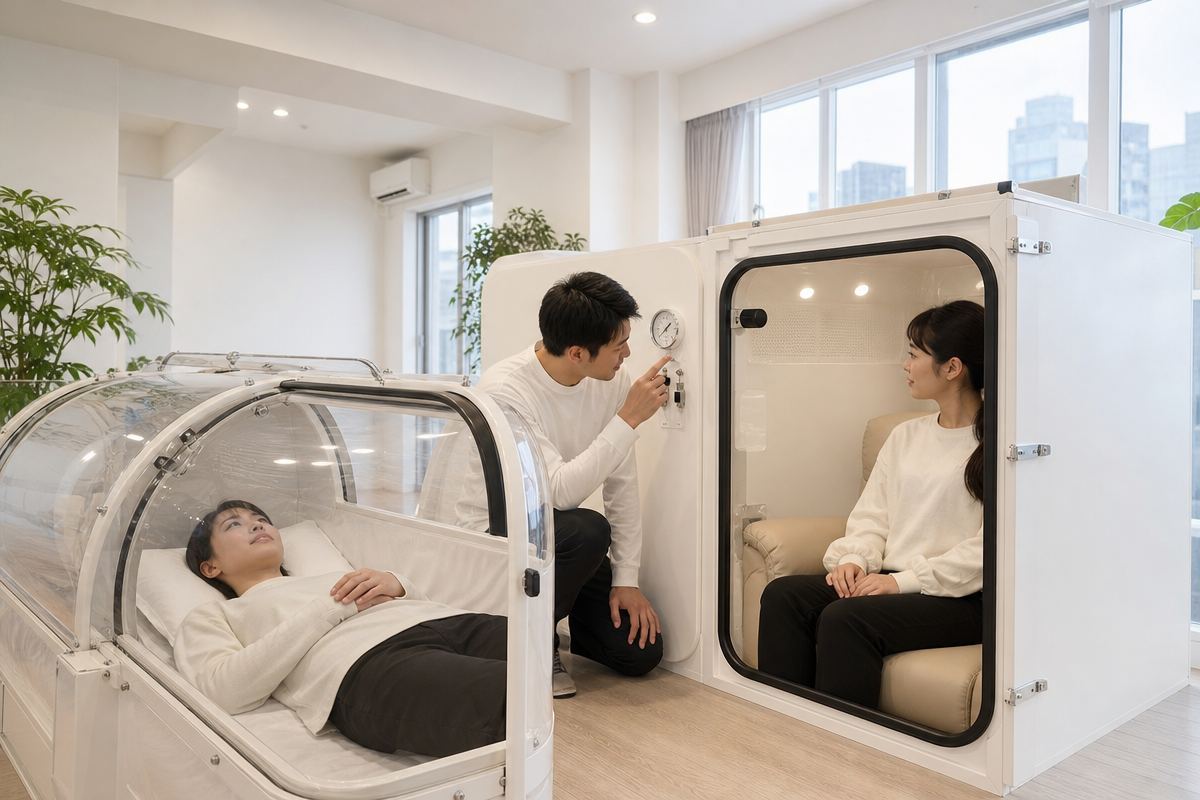 横浜のサロンで日本人が酸素カプセルとボックス型酸素ルームを比較し、気圧計を見ながら仕組みを理解している様子。横浜 酸素カプセルの説明に適した構図。